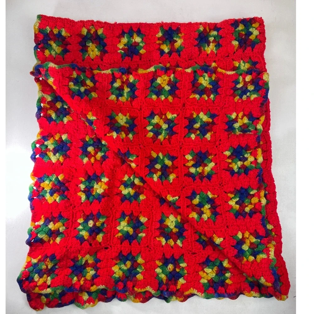 Red Crochet Granny Square Blanket Afghan Colorful Handmade Throw 66x52